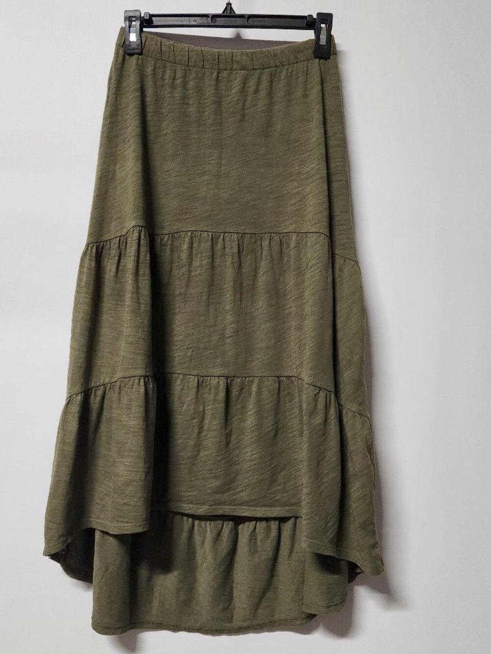 🌿Olive Green Tiered Asymmetrical Midi Skirt Women's Size L Boho Cottagecore